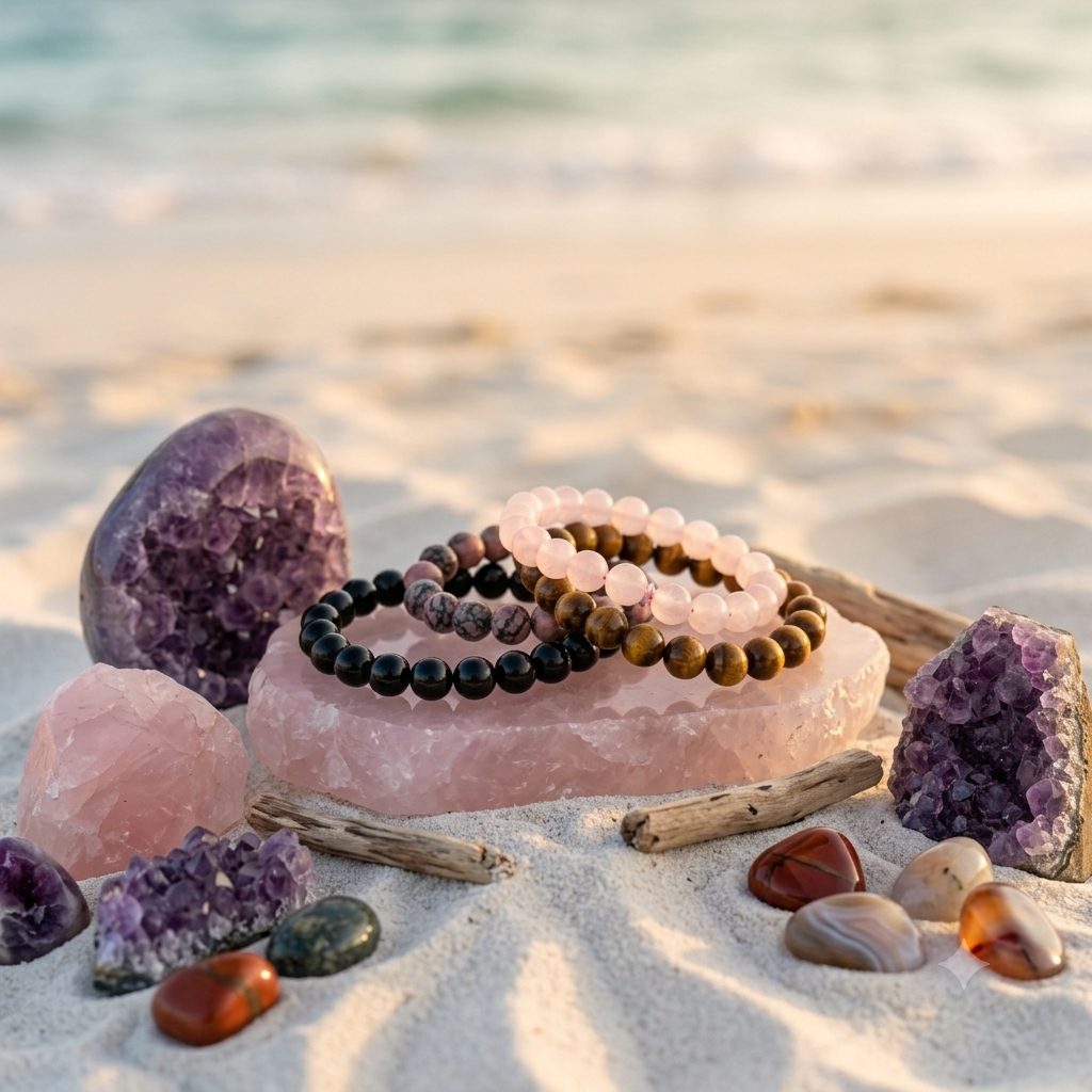 Amethyst, rose quartz and crystal bracelets arranged on sand